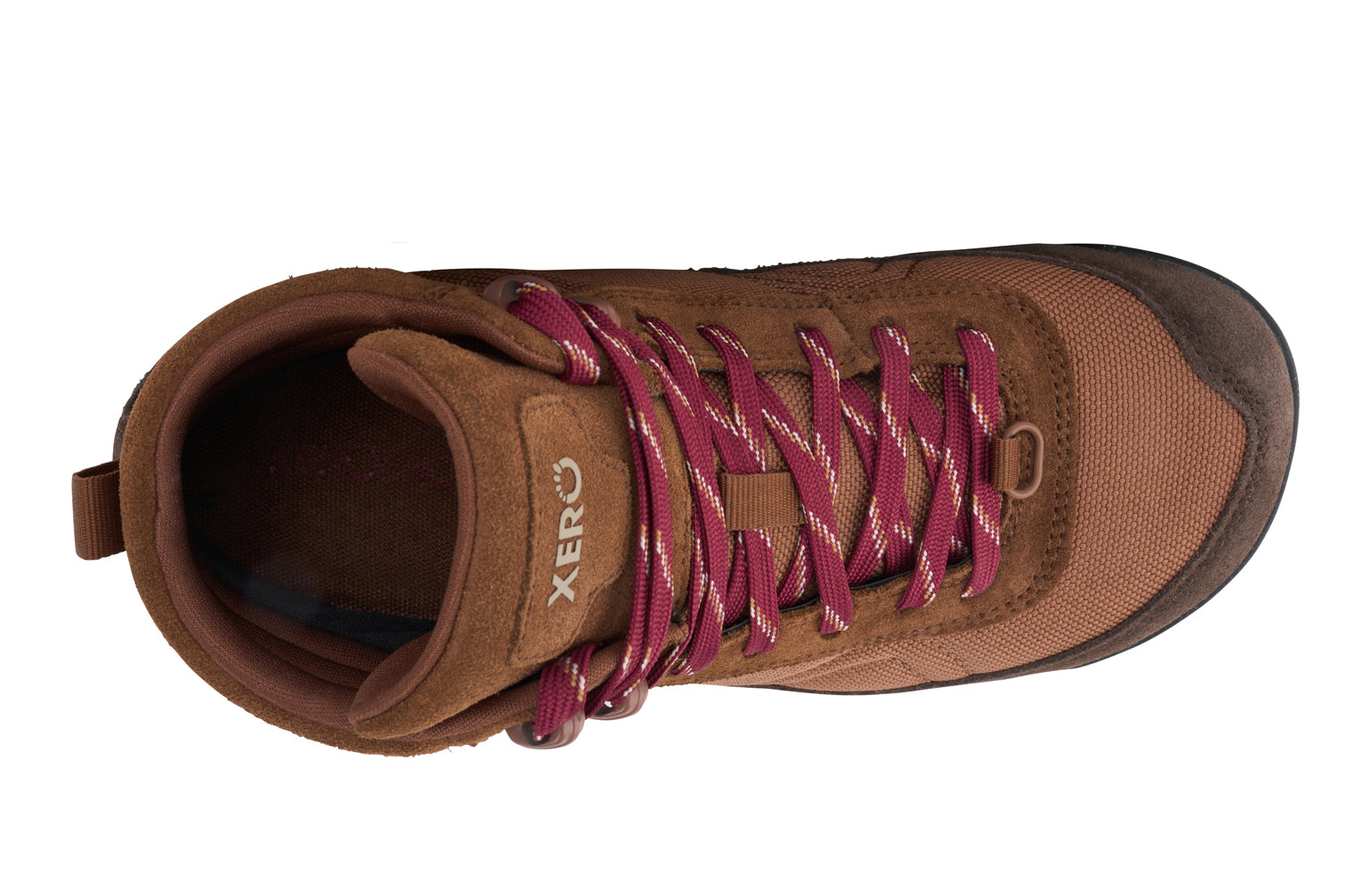Xero Shoes Canada, specifically barefoot hiking shoes Canada. These minimalist shoes have flexible soles, wide toe boxes, and zero drop. Top view of Xero Men's Ridgeway in Rawhide. Retro-Inspired waterproof hiker.  