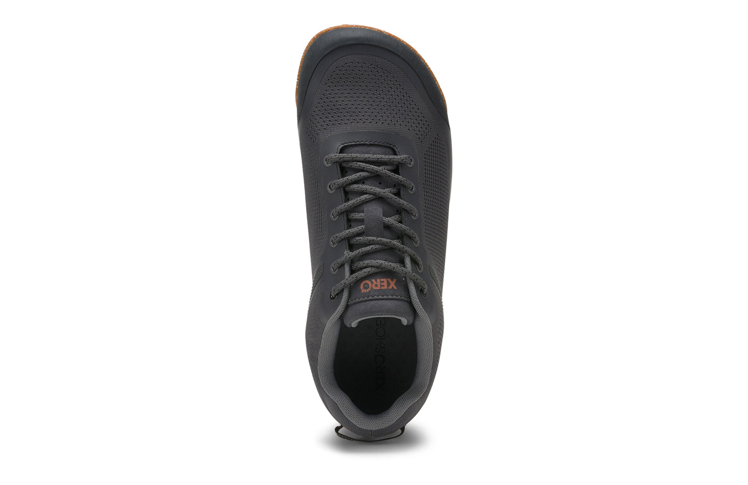 Xero Barefoot Shoes sold in Ontario, Canada. These minimalist shoes have flexible soles, wide toe boxes, and zero drop. Top view of Xero Men's Ridgeway Mesh Low in Faded Black, a multipurpose hiker.