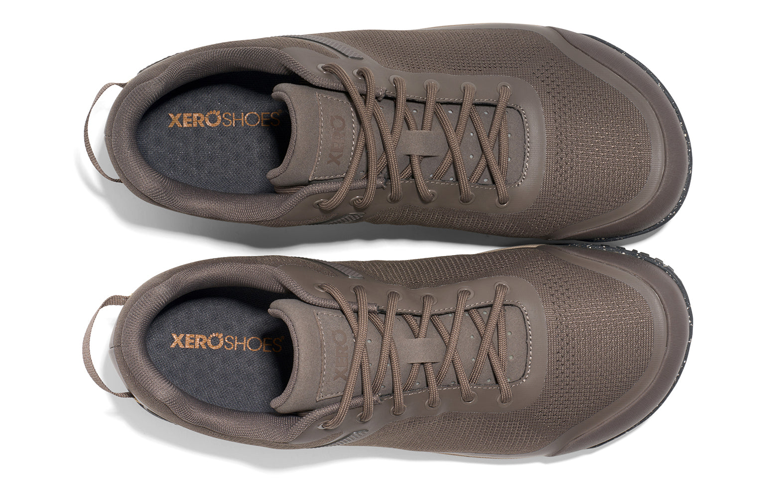 Xero Barefoot Shoes sold in Ontario, Canada. These minimalist shoes have flexible soles, wide toe boxes, and zero drop. Top view of Xero Men's Ridgeway Mesh Low in Morel, a multipurpose hiker.