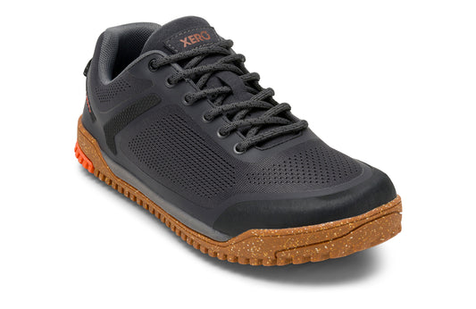 Xero Barefoot Shoes sold in Ontario, Canada. These minimalist shoes have flexible soles, wide toe boxes, and zero drop. Angled view of Xero Women's Ridgeway Mesh Low in Faded Black, a multipurpose hiker.