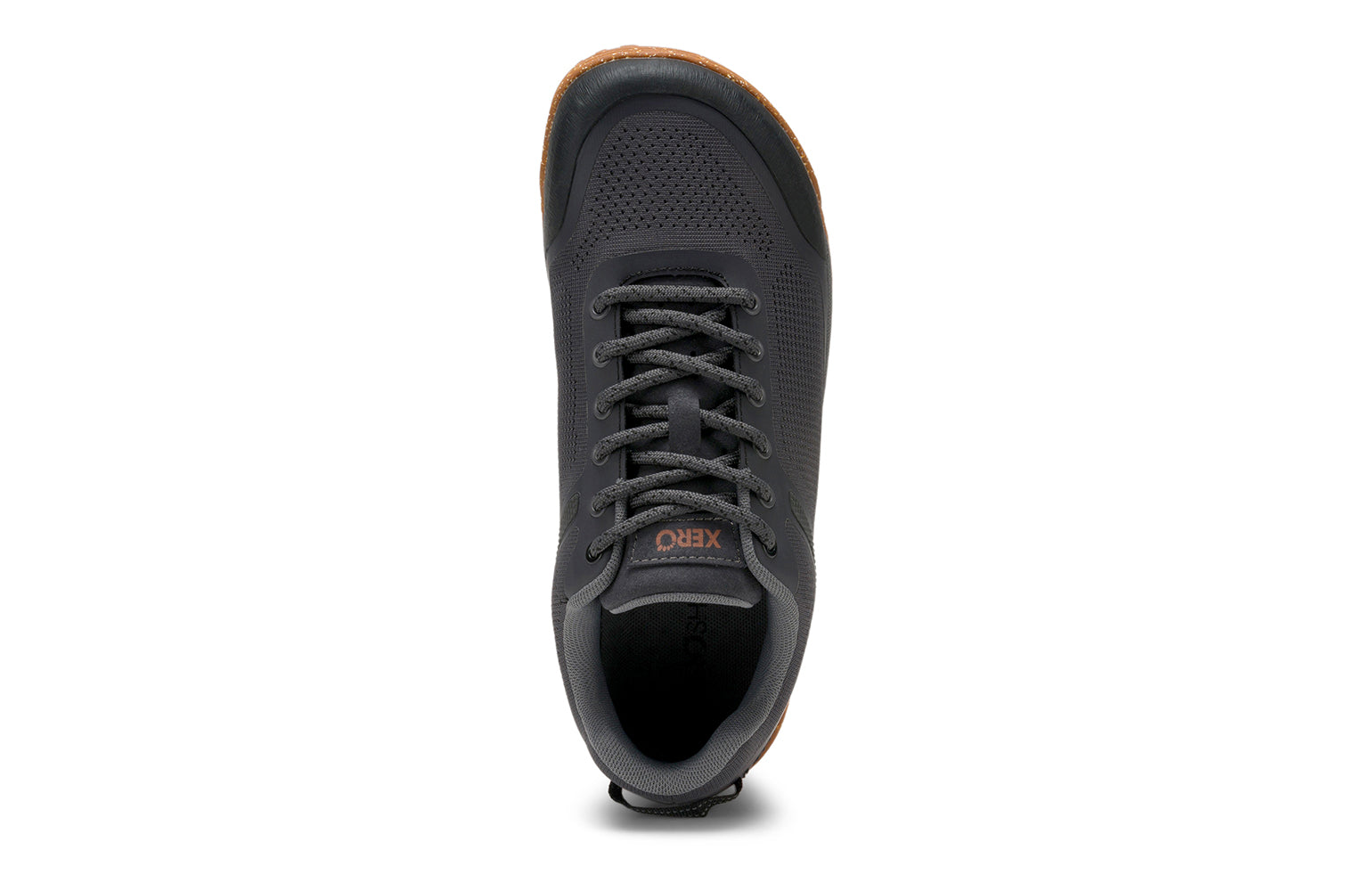 Xero Barefoot Shoes sold in Ontario, Canada. These minimalist shoes have flexible soles, wide toe boxes, and zero drop. Top view of Xero Women's Ridgeway Mesh Low in Faded Black, a multipurpose hiker.
