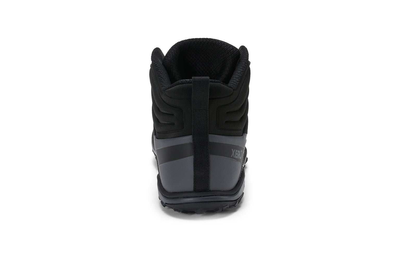 Xero Barefoot Shoes sold in Ontario, Canada. These minimalist shoes have flexible soles, wide toe boxes, and zero drop. Back view of Xero Men's Scrambler Mid II WP in Black/Asphalt, a lightweight waterproof hiking shoe. 
