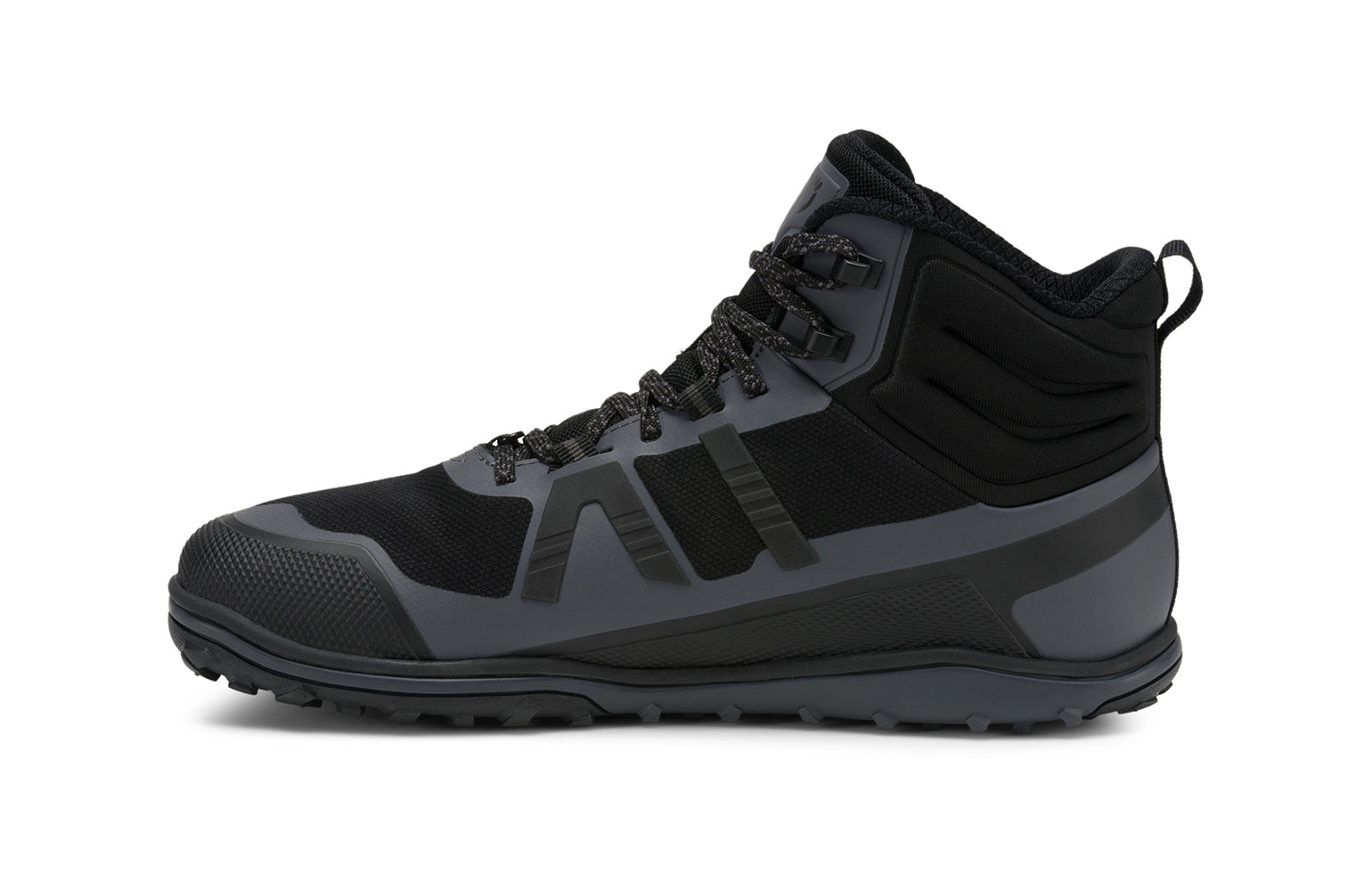 Xero Barefoot Shoes sold in Ontario, Canada. These minimalist shoes have flexible soles, wide toe boxes, and zero drop. Side view of Xero Men's Scrambler Mid II WP in Black/Asphalt, a lightweight waterproof hiking shoe. 