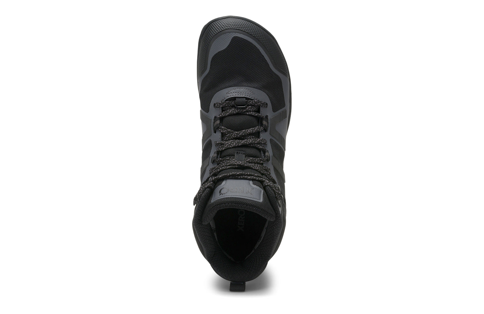 Xero Barefoot Shoes sold in Ontario, Canada. These minimalist shoes have flexible soles, wide toe boxes, and zero drop. Top view of Xero Men's Scrambler Mid II WP in Black/Asphalt, a lightweight waterproof hiking shoe. 