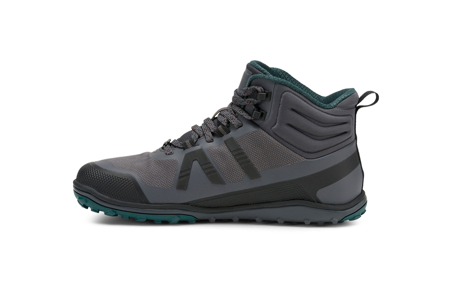 Xero Barefoot Shoes sold in Ontario, Canada. These minimalist shoes have flexible soles, wide toe boxes, and zero drop. Side view of Xero Women's Scrambler Mid II WP in Asphalt/Sea Moss, a lightweight waterproof hiking shoe. 