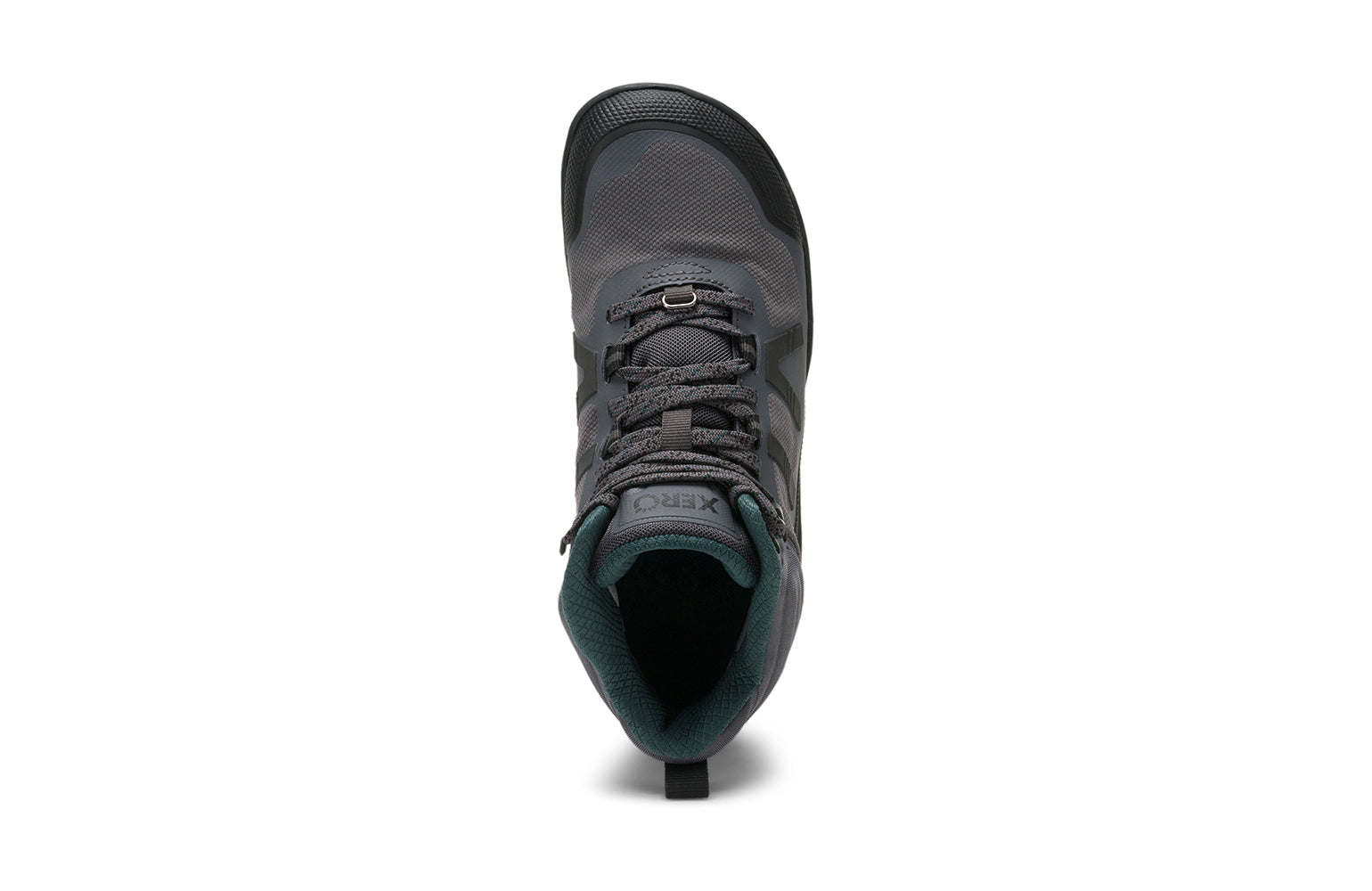 Xero Barefoot Shoes sold in Ontario, Canada. These minimalist shoes have flexible soles, wide toe boxes, and zero drop. Top view of Xero Women's Scrambler Mid II WP in Asphalt/Sea Moss, a lightweight waterproof hiking shoe. 