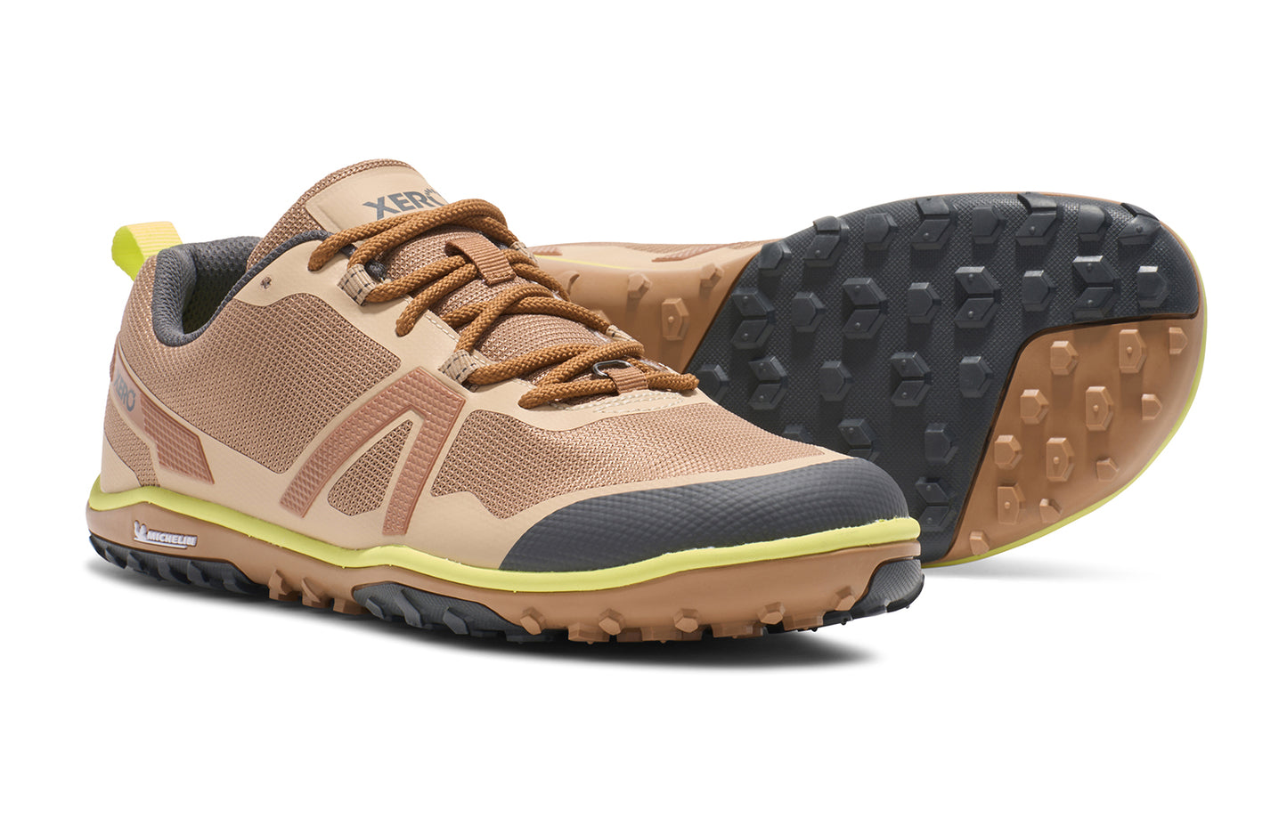 Xero Barefoot Shoes sold in Ontario, Canada. These minimalist shoes have flexible soles, wide toe boxes, and zero drop. Side and sole view of Xero Men's Scrambler Low EV in Irish Cream/Sunny Lime a lightweight high-performance trail runner