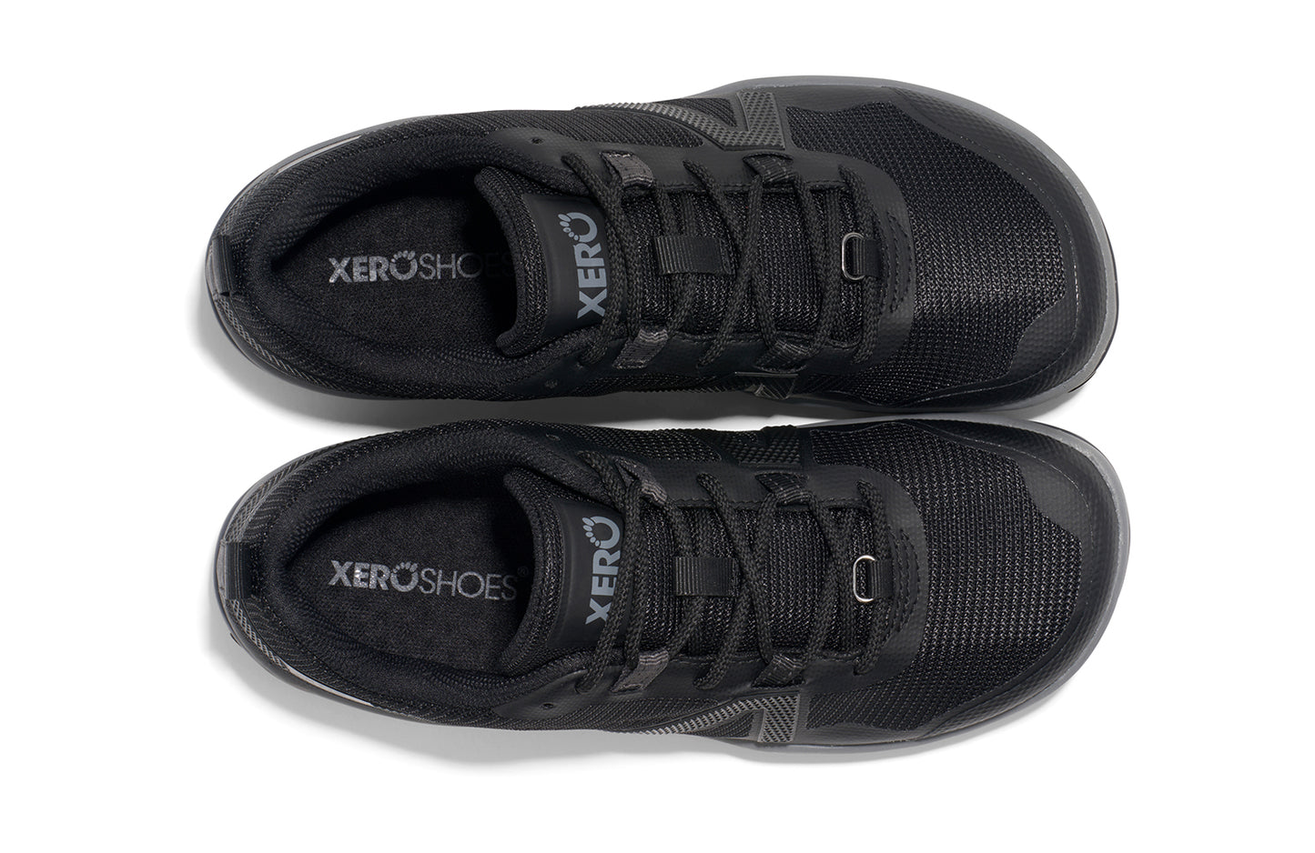 Xero Barefoot Shoes sold in Ontario, Canada. These minimalist shoes have flexible soles, wide toe boxes, and zero drop. Top view of Xero Women's Scrambler Low EV in Black/Steel Gray, a lightweight high-performance trail runner