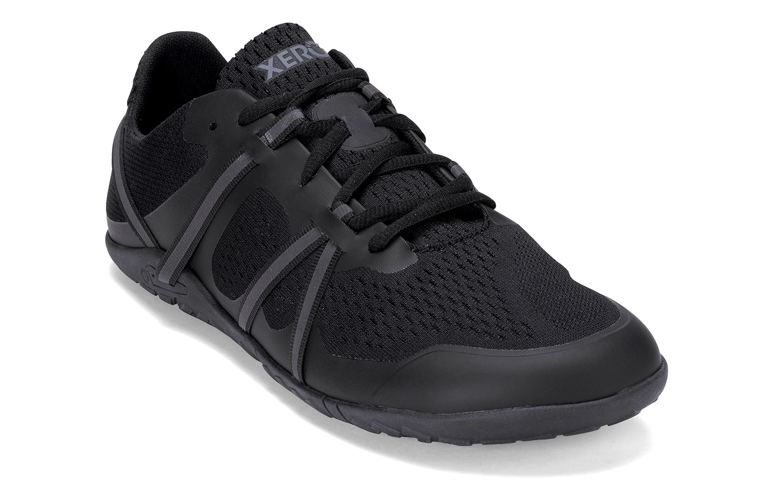 Xero Barefoot Shoes sold in Ontario, Canada. These minimalist shoes have flexible soles, wide toe boxes, and zero drop. Angled view of Xero Women's Speed Force II in Black. Running and speed training shoe.
