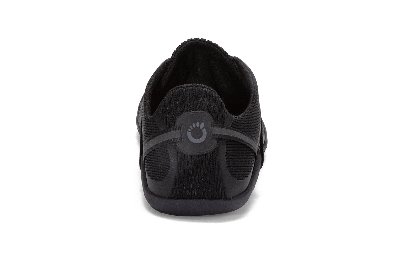 Xero Barefoot Shoes sold in Ontario, Canada. These minimalist shoes have flexible soles, wide toe boxes, and zero drop. Rear view of Xero Women's Speed Force II in Black. Running and speed training shoe.