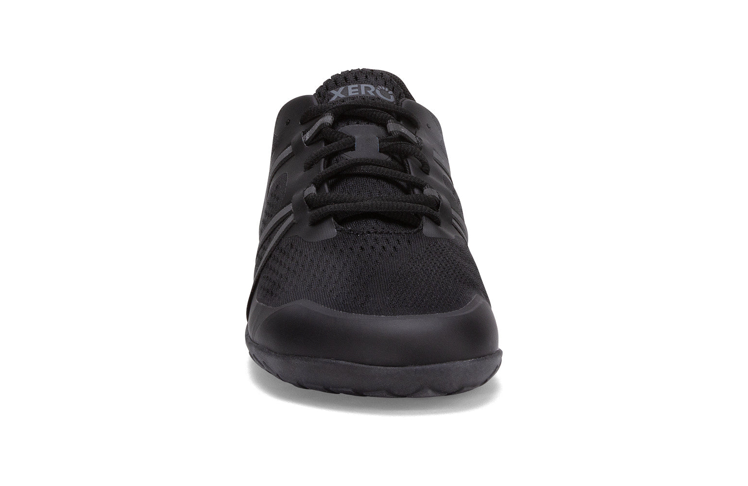 Xero Barefoot Shoes sold in Ontario, Canada. These minimalist shoes have flexible soles, wide toe boxes, and zero drop. Front view of Xero Women's Speed Force II in Black. Running and speed training shoe.
