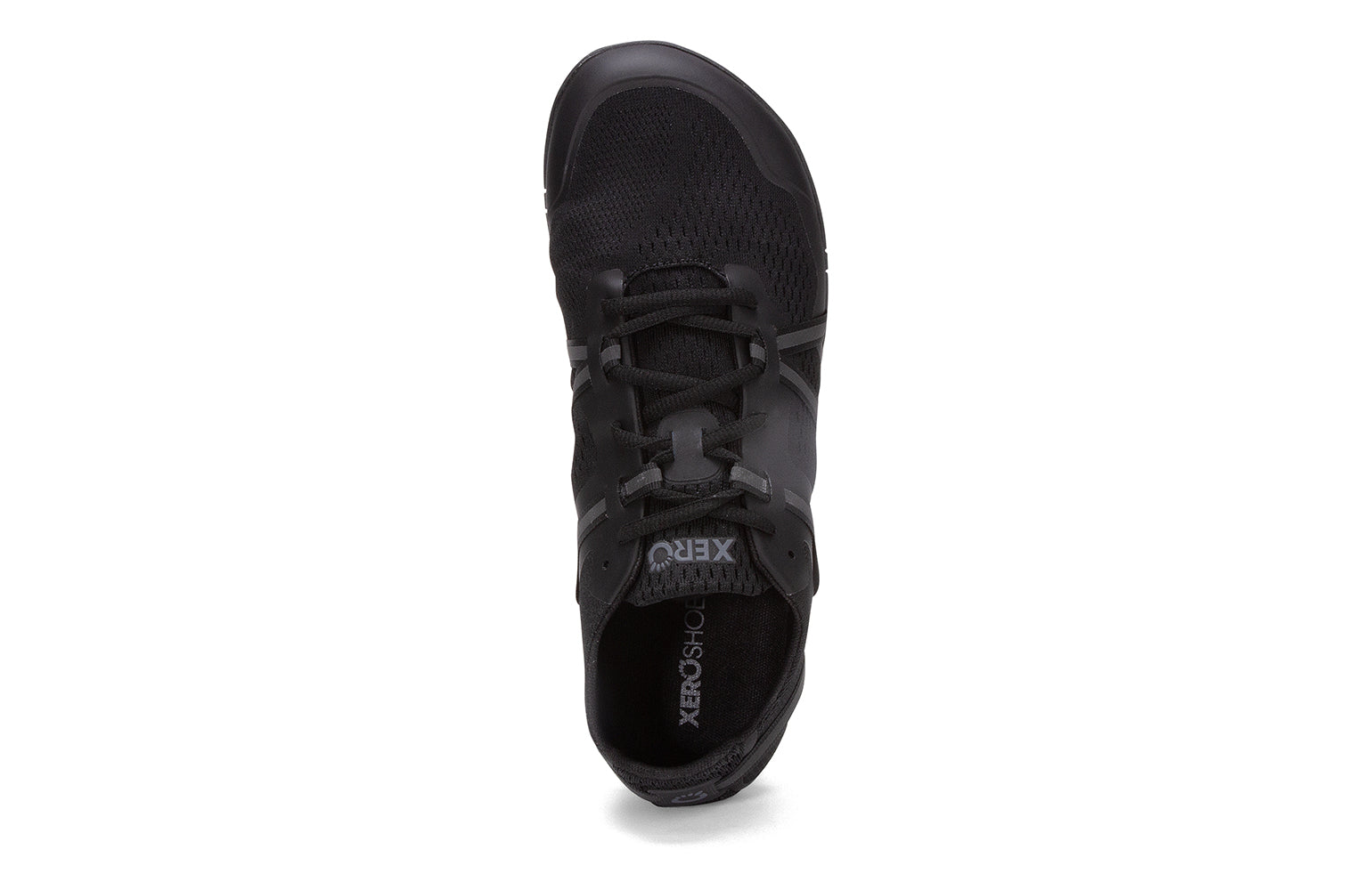 Xero Barefoot Shoes sold in Ontario, Canada. These minimalist shoes have flexible soles, wide toe boxes, and zero drop. Top view of Xero Women's Speed Force II in Black. Running and speed training shoe.