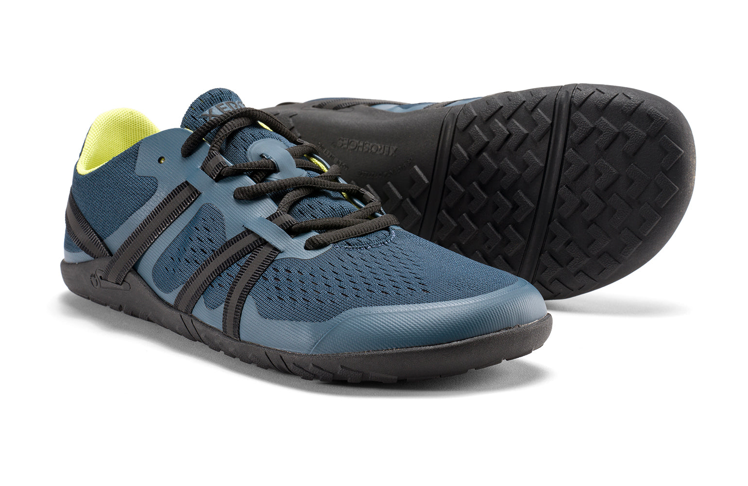 Xero Barefoot Shoes sold in Ontario, Canada. These minimalist shoes have flexible soles, wide toe boxes, and zero drop. Pair view of Xero Men's Speed Force II in Orion Blue. Running and speed training shoe.