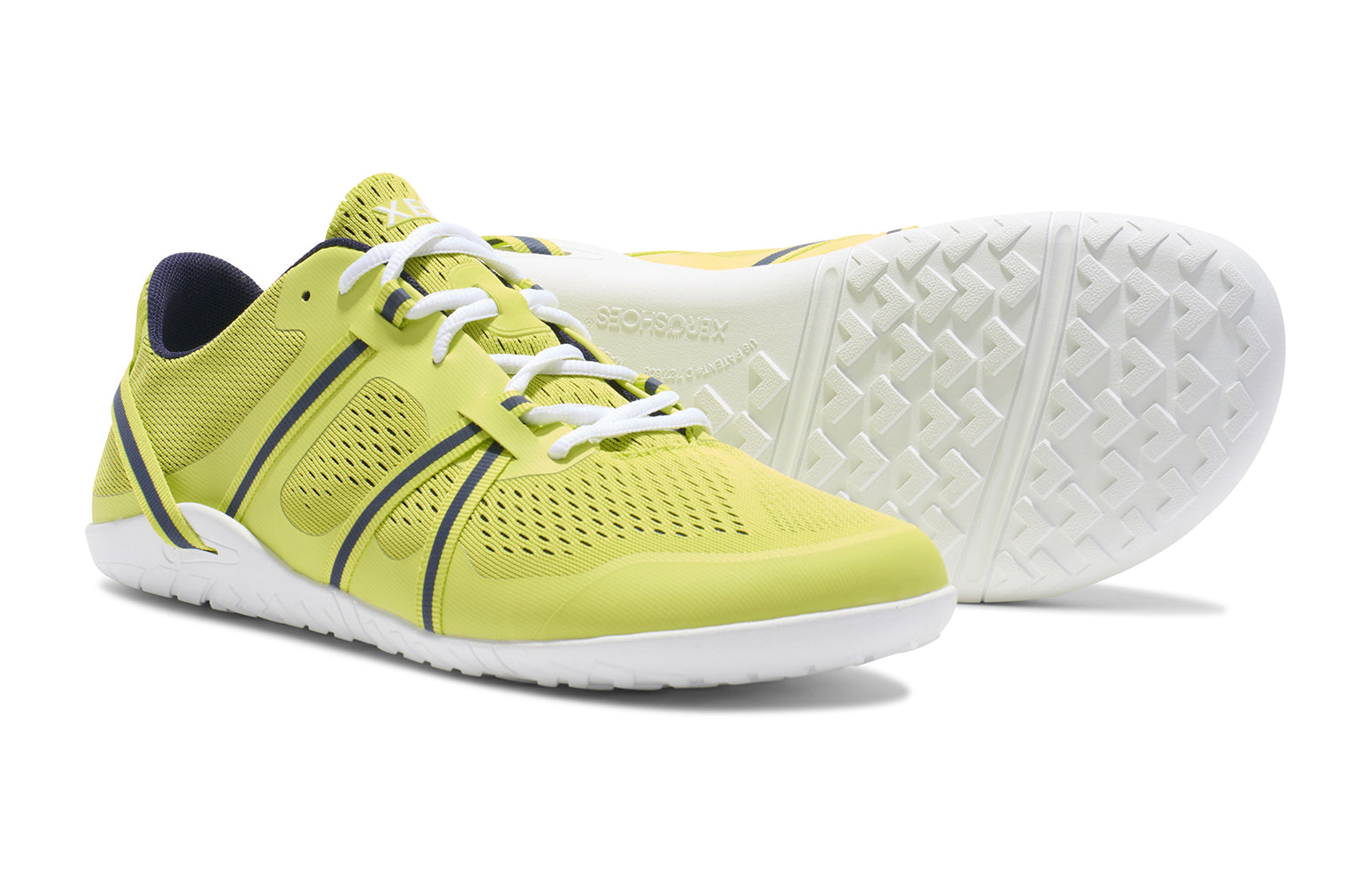 Xero Barefoot Shoes sold in Ontario, Canada. These minimalist shoes have flexible soles, wide toe boxes, and zero drop. Side and sole pair view of Xero Men's Speed Force II in Sunny Lime/Evening Blue. Running and speed training shoe.