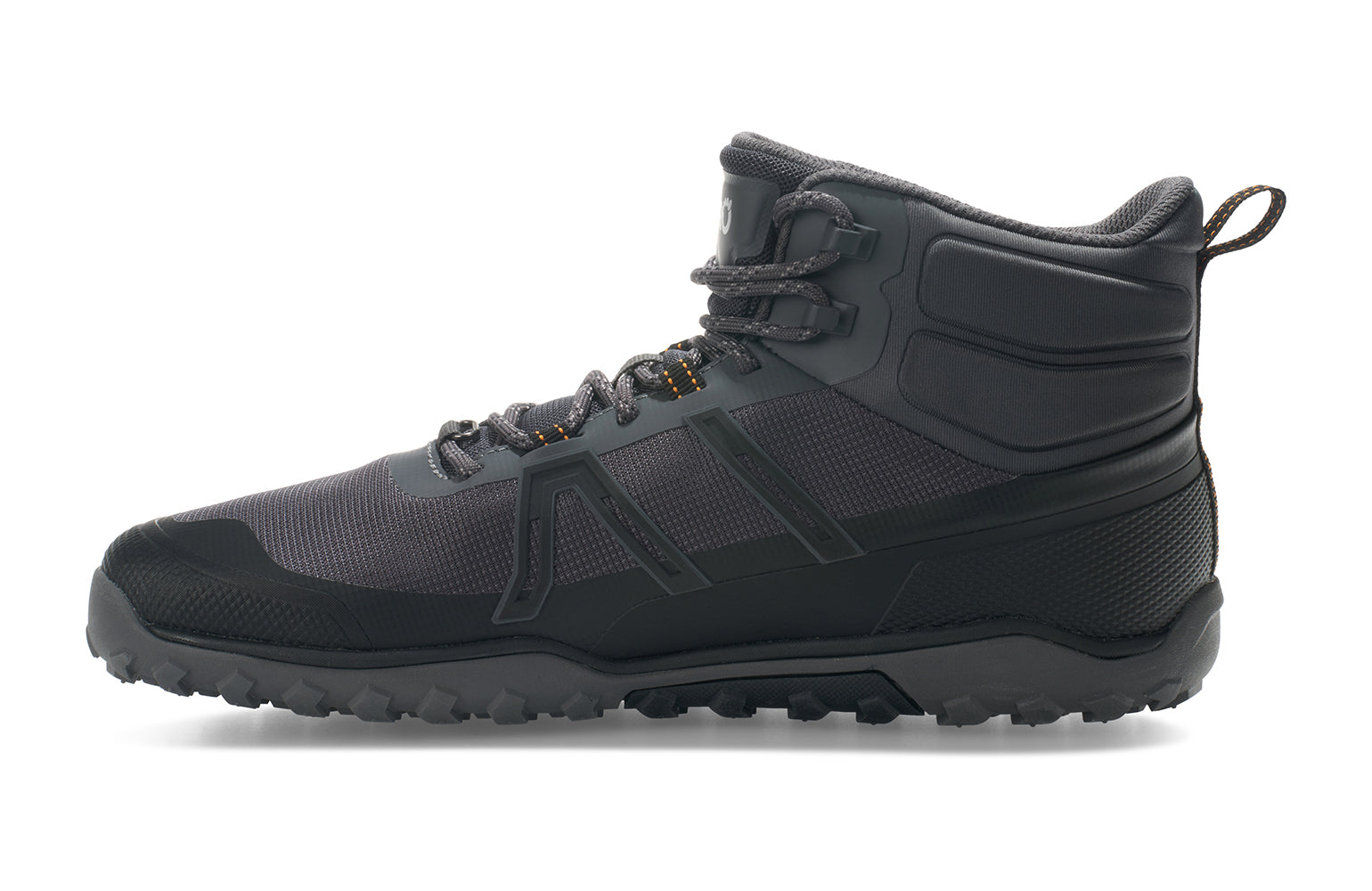 Xero Shoes Canada, specifically barefoot hiking shoes Canada. These minimalist shoes have flexible soles, wide toe boxes, and zero drop. Side view of Xero Men's Scambler Trail Mid in Asphalt/Black, a lightweight hiking boot