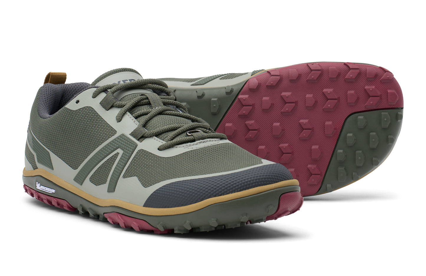 Pair of green and red hiking shoes on a white background.  Tru Stride Co brings Xero Shoes to Canada