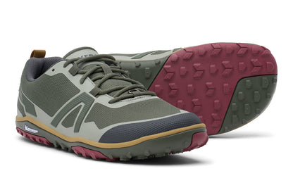 Pair of green and red hiking shoes on a white background.  Tru Stride Co brings Xero Shoes to Canada