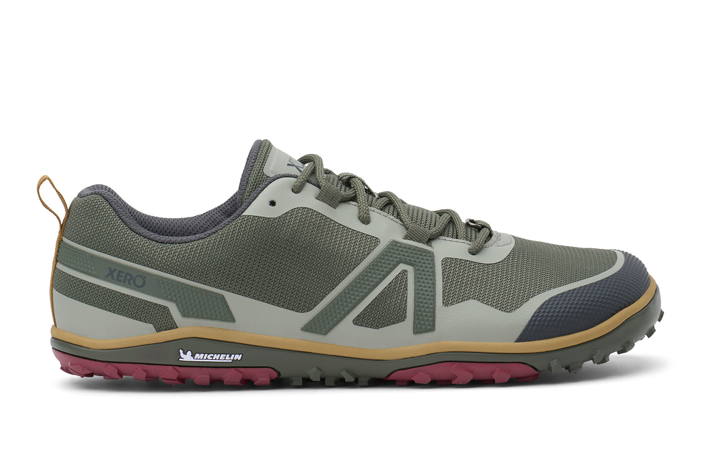 Green hiking shoe with brand logo on a white background.  Tru Stride Co brings Xero Shoes to Canada