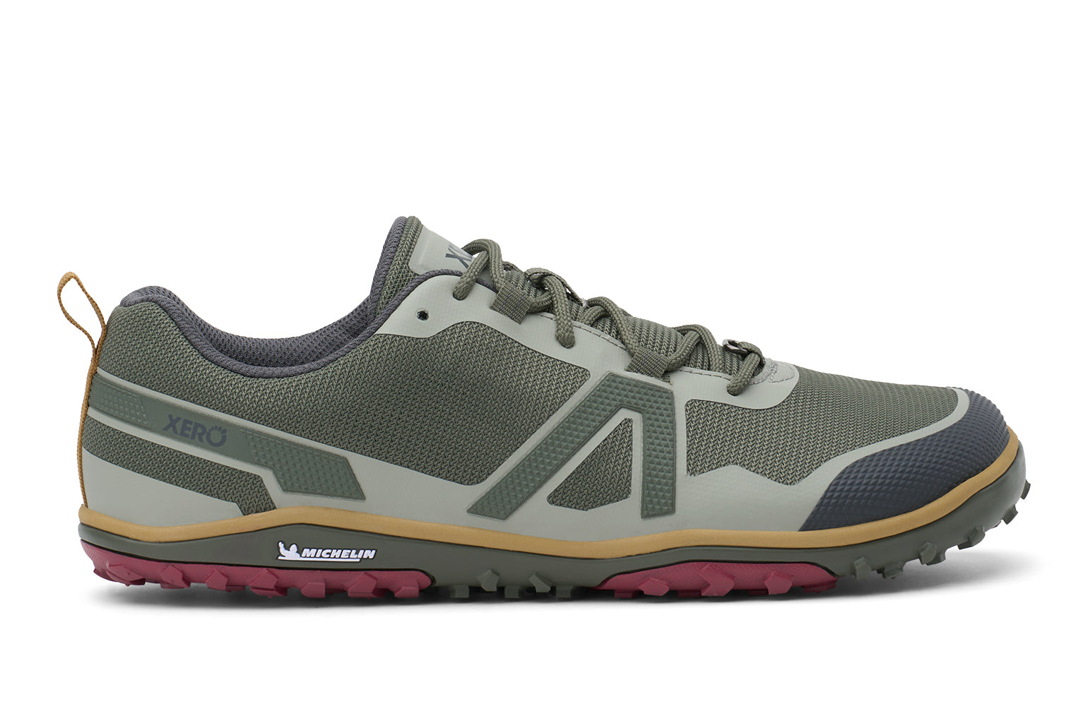 Green hiking shoe with brand logo on a white background.  Tru Stride Co brings Xero Shoes to Canada
