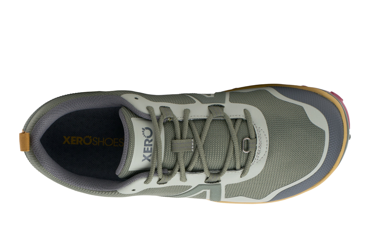 Army green athletic shoe with 'Xero Shoes' branding on a white background.  Tru Stride Co brings Xero Shoes to Canada