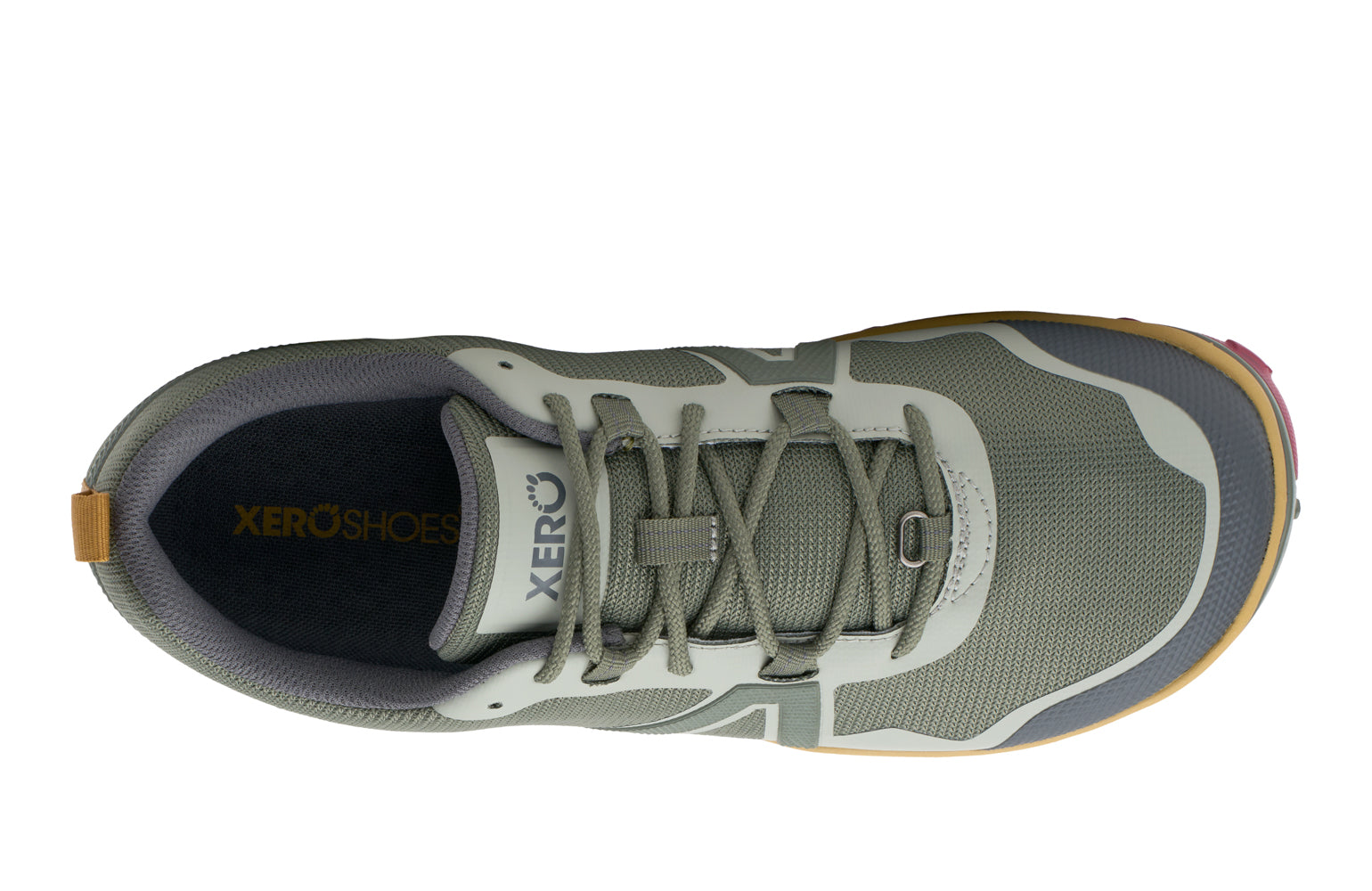 Army green athletic shoe with 'Xero Shoes' branding on a white background.  Tru Stride Co brings Xero Shoes to Canada