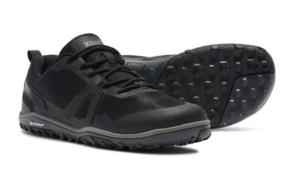 Xero Shoes Canada, specifically barefoot hiking shoes Canada. These minimalist shoes have flexible soles, wide toe boxes, and zero drop. Side and sole view of Xero Men's Scrambler Low EV in Black/Steel Gray a lightweight high-performance trail runner