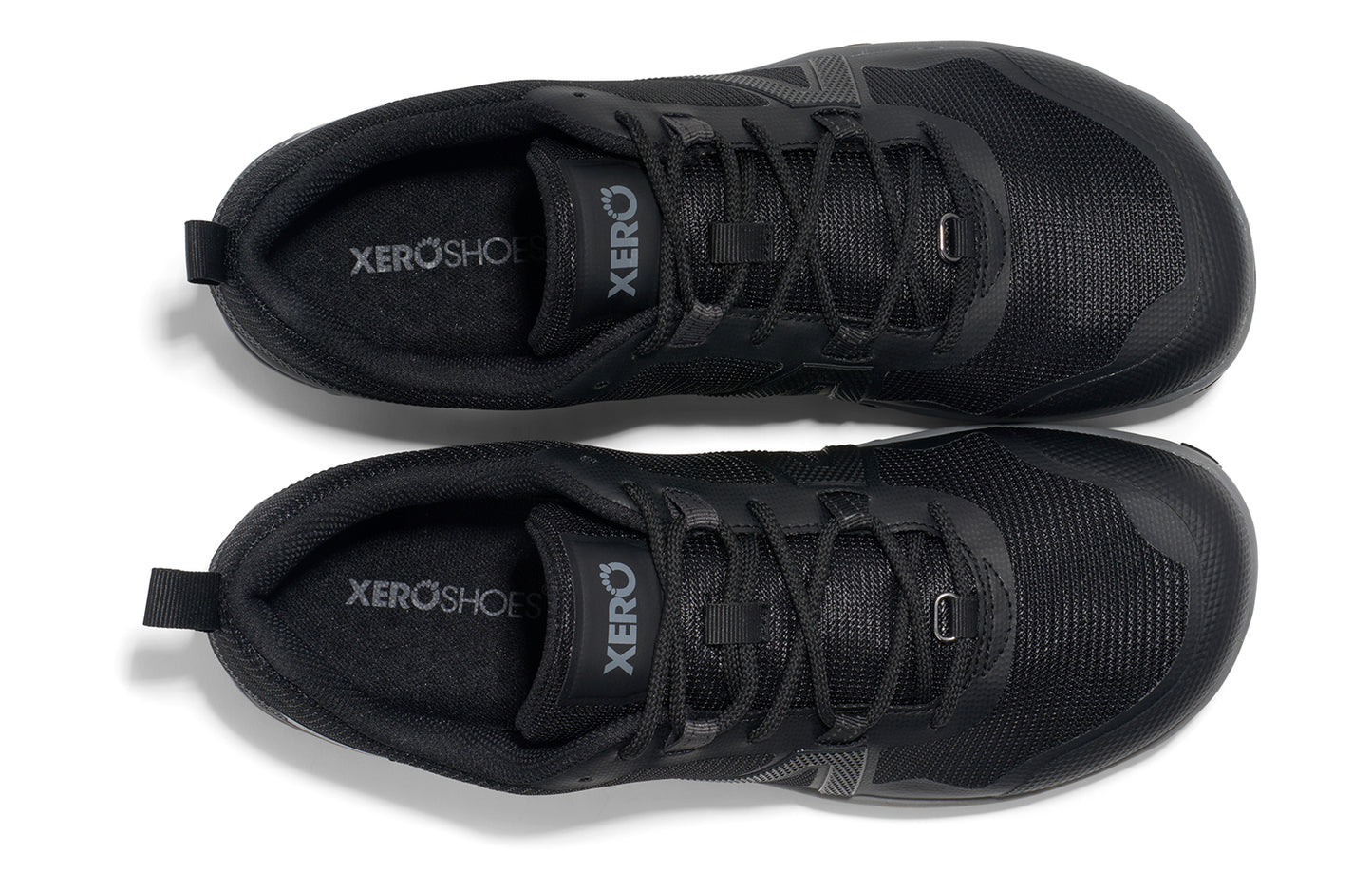 Xero Shoes Canada, specifically barefoot hiking shoes Canada. These minimalist shoes have flexible soles, wide toe boxes, and zero drop. Top view of Xero Men's Scrambler Low EV in Black/Steel Gray a lightweight high-performance trail runner