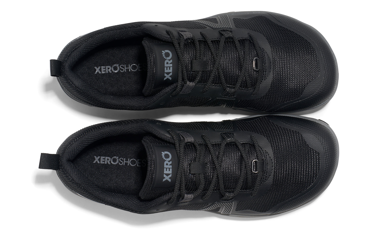 Xero Shoes Canada, specifically barefoot hiking shoes Canada. These minimalist shoes have flexible soles, wide toe boxes, and zero drop. Top view of Xero Men's Scrambler Low EV in Black/Steel Gray a lightweight high-performance trail runner