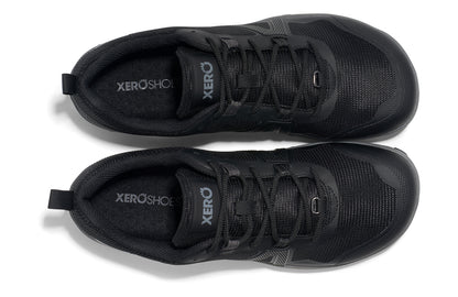 Xero Shoes Canada, specifically barefoot hiking shoes Canada. These minimalist shoes have flexible soles, wide toe boxes, and zero drop. Top view of Xero Men's Scrambler Low EV in Black/Steel Gray a lightweight high-performance trail runner