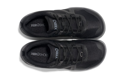 Xero Shoes Canada, specifically barefoot hiking shoes Canada. These minimalist shoes have flexible soles, wide toe boxes, and zero drop. Top view of Xero Women's Scrambler Low EV in Black/Steel Gray, a lightweight high-performance trail runner