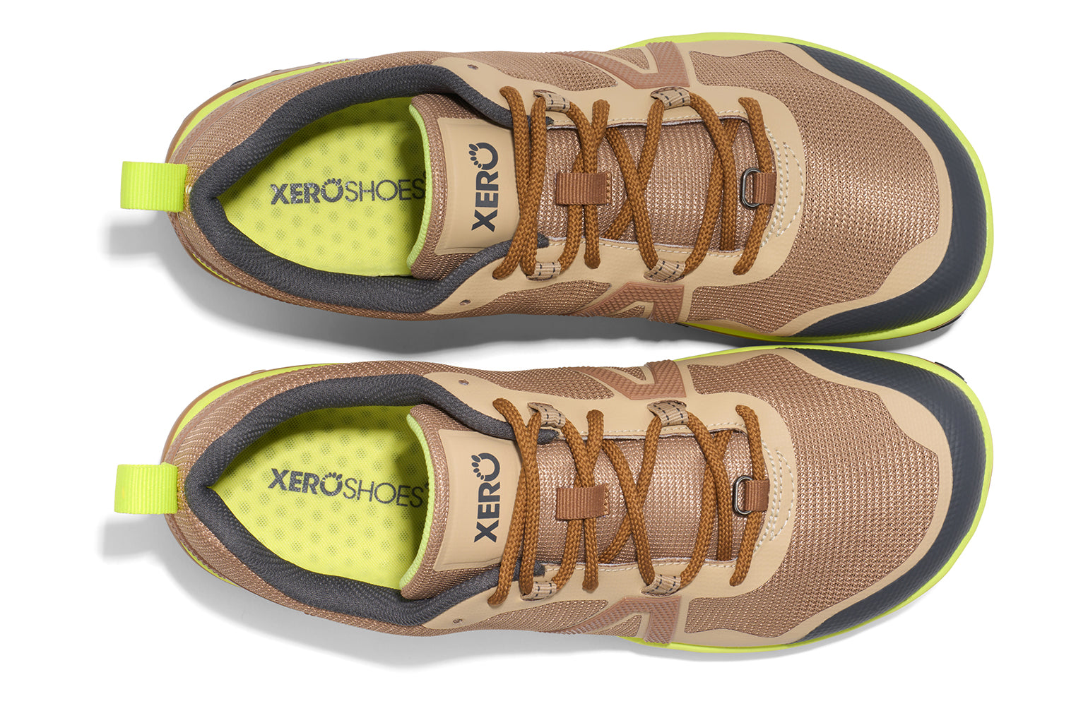 Xero Shoes Canada, specifically barefoot hiking shoes Canada. These minimalist shoes have flexible soles, wide toe boxes, and zero drop. Top view of Xero Men's Scrambler Low EV in Irish Cream/Sunny Lime a lightweight high-performance trail runner