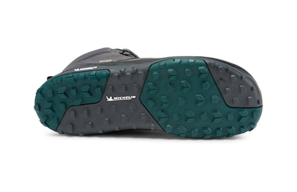 Xero Shoes Canada, specifically barefoot hiking shoes Canada. These minimalist shoes have flexible soles, wide toe boxes, and zero drop. Sole view of Xero Women's Scrambler Mid II WP in Asphalt/Sea Moss, a lightweight waterproof hiking shoe. 
