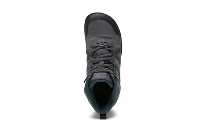 Xero Shoes Canada, specifically barefoot hiking shoes Canada. These minimalist shoes have flexible soles, wide toe boxes, and zero drop. Top view of Xero Women's Scrambler Mid II WP in Asphalt/Sea Moss, a lightweight waterproof hiking shoe. 