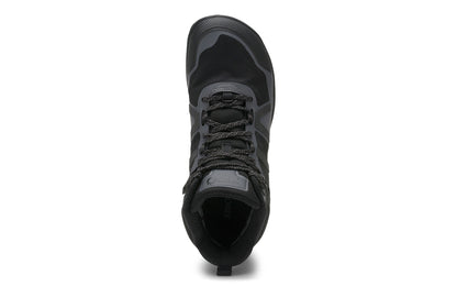 Xero Shoes Canada, specifically barefoot hiking shoes Canada. These minimalist shoes have flexible soles, wide toe boxes, and zero drop. Top view of Xero Men's Scrambler Mid II WP in Black/Asphalt, a lightweight waterproof hiking shoe. 