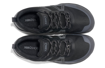 Xero Shoes Canada, specifically barefoot hiking shoes Canada. These minimalist shoes have flexible soles, wide toe boxes, and zero drop. Angled view of Xero Men's Scrambler Trail Low WP in Black/Asphalt, a sturdy hiking shoe
