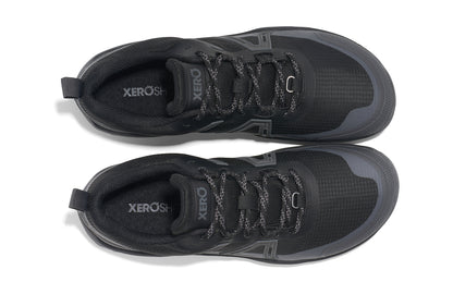 Xero Shoes Canada, specifically barefoot hiking shoes Canada. These minimalist shoes have flexible soles, wide toe boxes, and zero drop. Top view of Xero Women's Scrambler Trail Low WP in Black/Asphalt - a sturdy hiking shoe