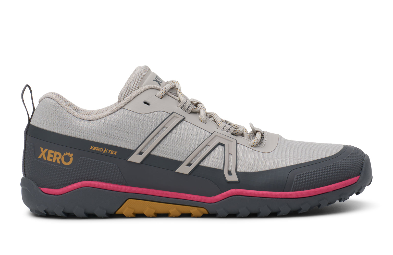 Gray and black Xero shoe with pink accents on a white background.  Tru Stride Co brings Xero Shoes to Canada