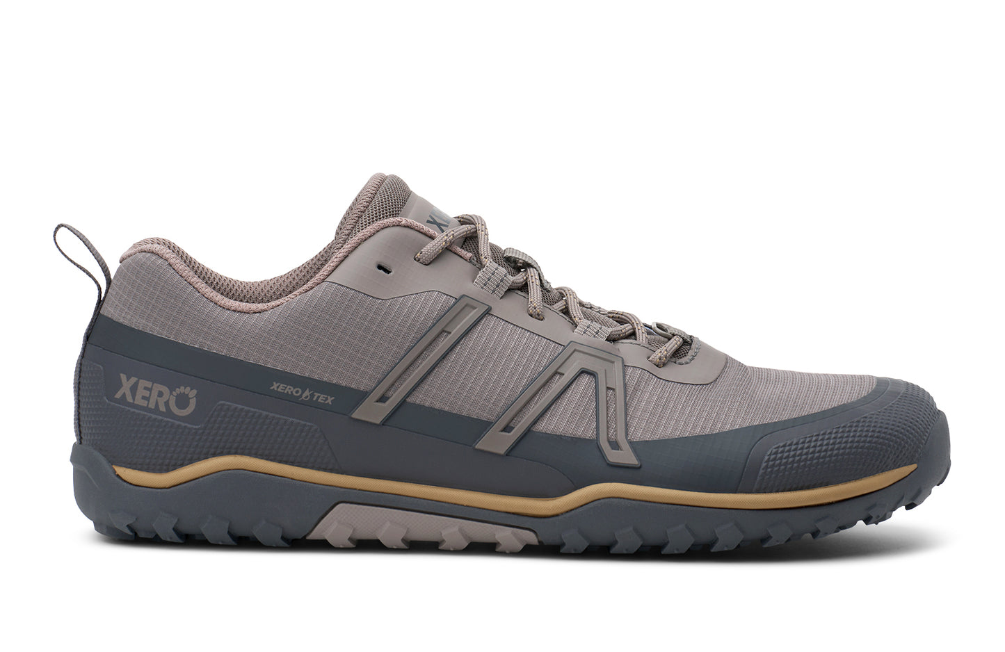 Gray athletic shoe with Xero branding on a white background.  Tru Stride Co brings Xero Shoes to Canada