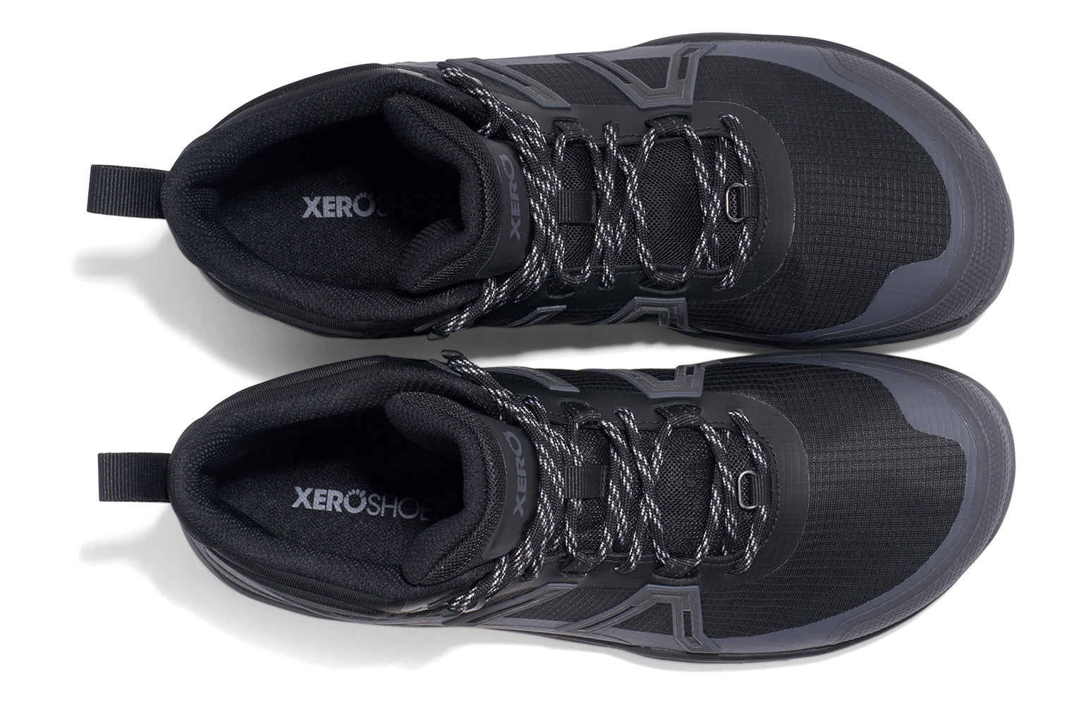 Xero Shoes Canada, specifically barefoot hiking shoes Canada. These minimalist shoes have flexible soles, wide toe boxes, and zero drop. Top view of Xero Men's Scrambler Trail Mid WP in Black/Asphalt - a sturdy hiking boot