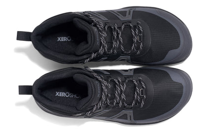 Xero Shoes Canada, specifically barefoot hiking shoes Canada. These minimalist shoes have flexible soles, wide toe boxes, and zero drop. Top view of Xero Men's Scrambler Trail Mid WP in Black/Asphalt - a sturdy hiking boot