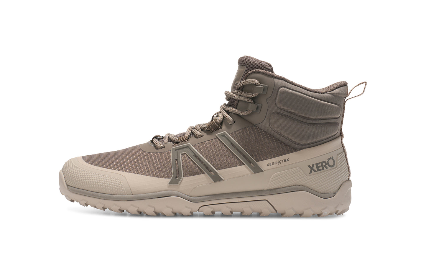 Xero Shoes Canada, specifically barefoot hiking shoes Canada. These minimalist shoes have flexible soles, wide toe boxes, and zero drop. Side view of Xero Women's Scrambler Trail Mid WP in Morel/Pure Cashmere - a sturdy hiking boot