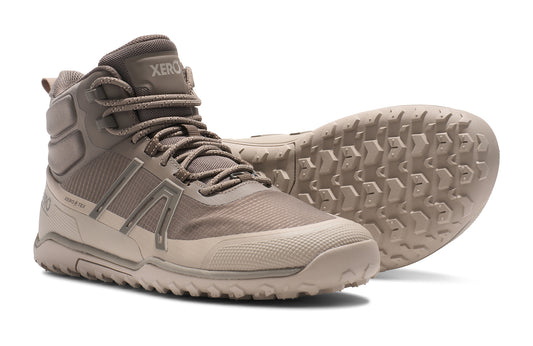 Xero Shoes Canada, specifically barefoot hiking shoes Canada. These minimalist shoes have flexible soles, wide toe boxes, and zero drop. Side and sole view of Xero Men's Scrambler Trail Mid WP in Morel/Pure Cashmere - a sturdy hiking boot