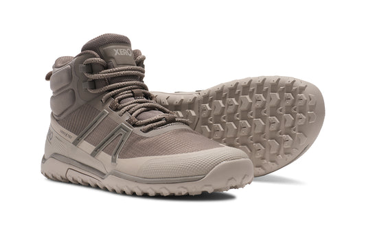 Xero Shoes Canada, specifically barefoot hiking shoes Canada. These minimalist shoes have flexible soles, wide toe boxes, and zero drop. Side and sole view of Xero Women's Scrambler Trail Mid WP in Morel/Pure Cashmere - a sturdy hiking boot