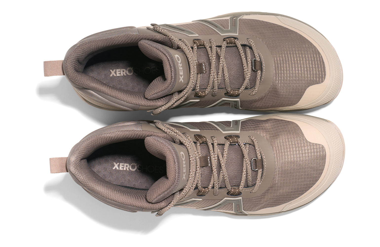 Xero Shoes Canada, specifically barefoot hiking shoes Canada. These minimalist shoes have flexible soles, wide toe boxes, and zero drop. Top view of Xero Men's Scrambler Trail Mid WP in Morel/Pure Cashmere - a sturdy hiking boot