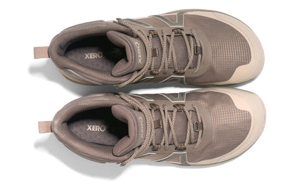 Xero Shoes Canada, specifically barefoot hiking shoes Canada. These minimalist shoes have flexible soles, wide toe boxes, and zero drop. Top view of Xero Men's Scrambler Trail Mid WP in Morel/Pure Cashmere - a sturdy hiking boot