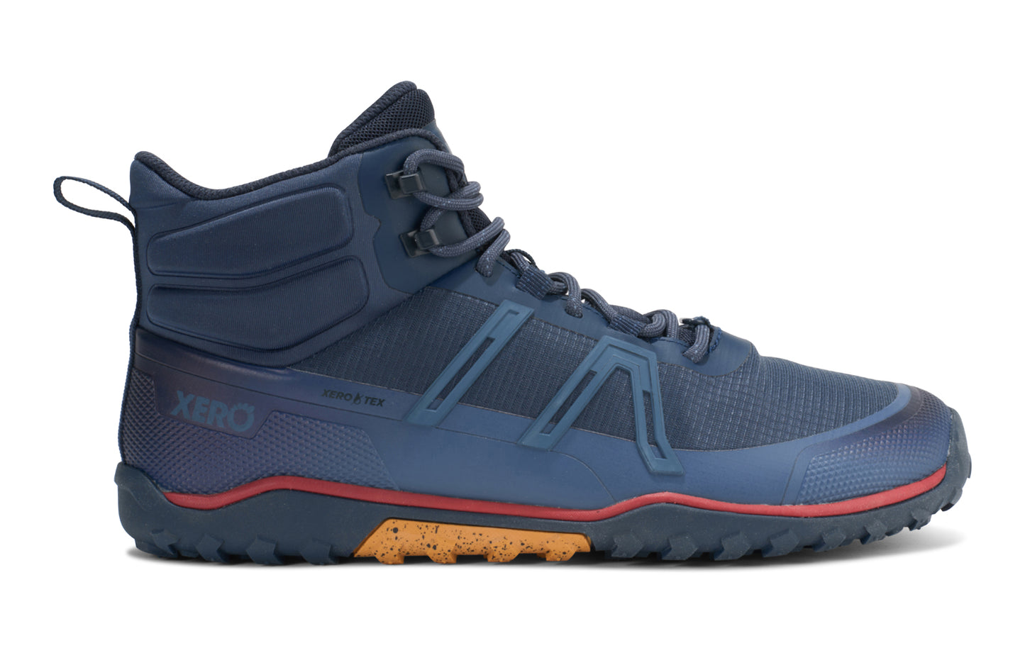 Xero Shoes Canada, specifically barefoot hiking shoes Canada. These minimalist shoes have flexible soles, wide toe boxes, and zero drop. Side view of Xero Men's Scrambler Trail Mid WP in Outerspace/Vintage Indigo - a sturdy hiking boot