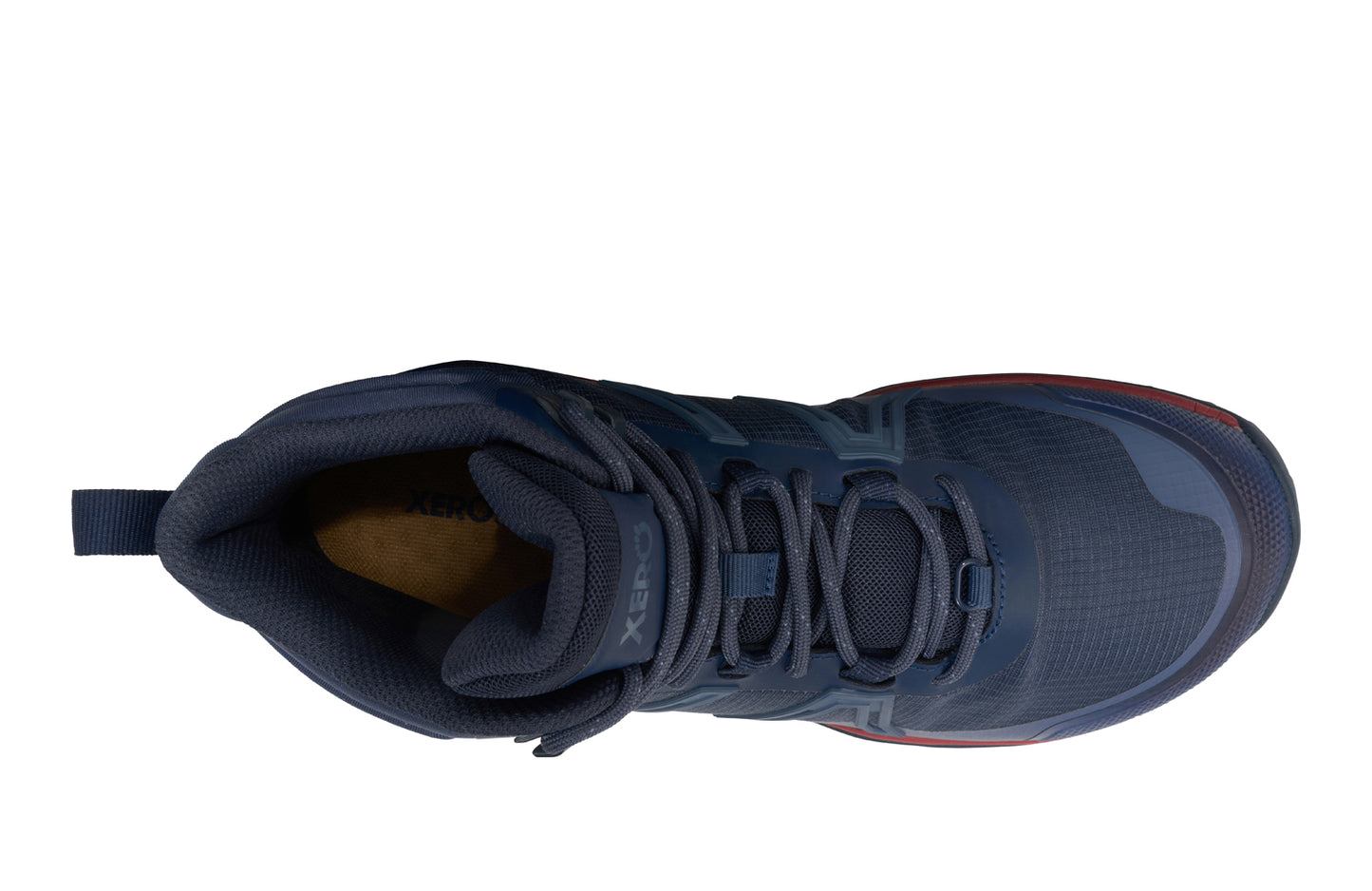Xero Shoes Canada, specifically barefoot hiking shoes Canada. These minimalist shoes have flexible soles, wide toe boxes, and zero drop. Top view of Xero Men's Scrambler Trail Mid WP in Outerspace/Vintage Indigo - a sturdy hiking boot