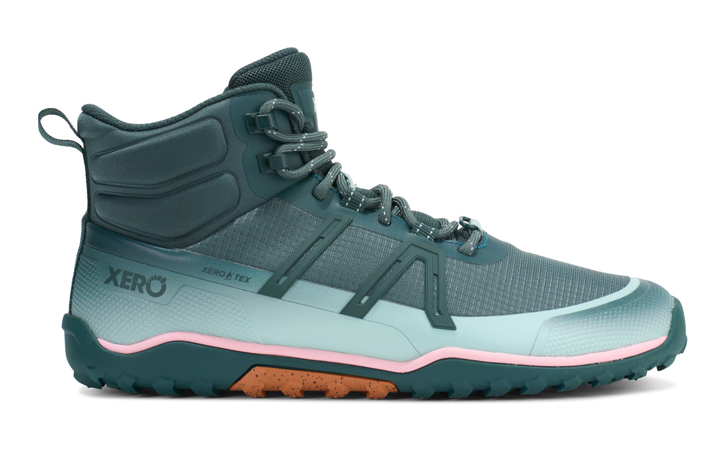 Xero Shoes Canada, specifically barefoot hiking shoes Canada. These minimalist shoes have flexible soles, wide toe boxes, and zero drop. Side view of Xero Men's Scrambler Trail Mid WP in Sea Moss/Surf Spray - a sturdy hiking boot