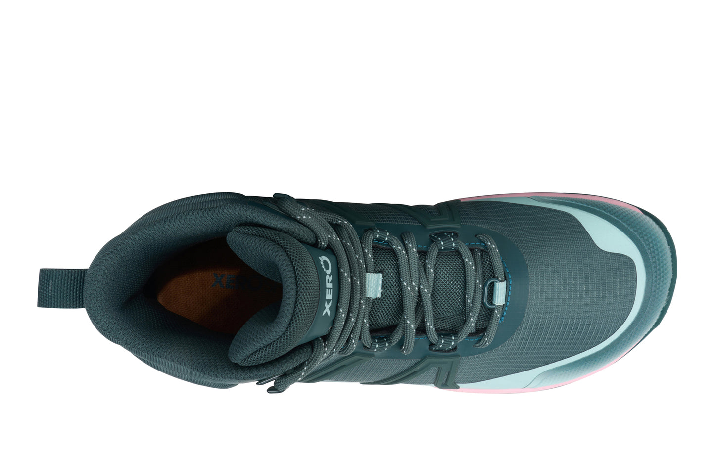 Xero Shoes Canada, specifically barefoot hiking shoes Canada. These minimalist shoes have flexible soles, wide toe boxes, and zero drop. Top view of Xero Men's Scrambler Trail Mid WP in Sea Moss/Surf Spray - a sturdy hiking boot