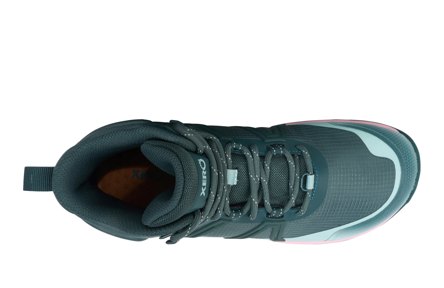 Xero Shoes Canada, specifically barefoot hiking shoes Canada. These minimalist shoes have flexible soles, wide toe boxes, and zero drop. Top view of Xero Men's Scrambler Trail Mid WP in Sea Moss/Surf Spray - a sturdy hiking boot